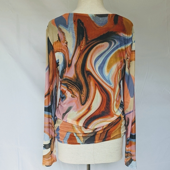 Bailey 44 Vanity Swirl Print Round Neck Mesh Overlay Ruched Center Multi L NWT - Picture 9 of 14